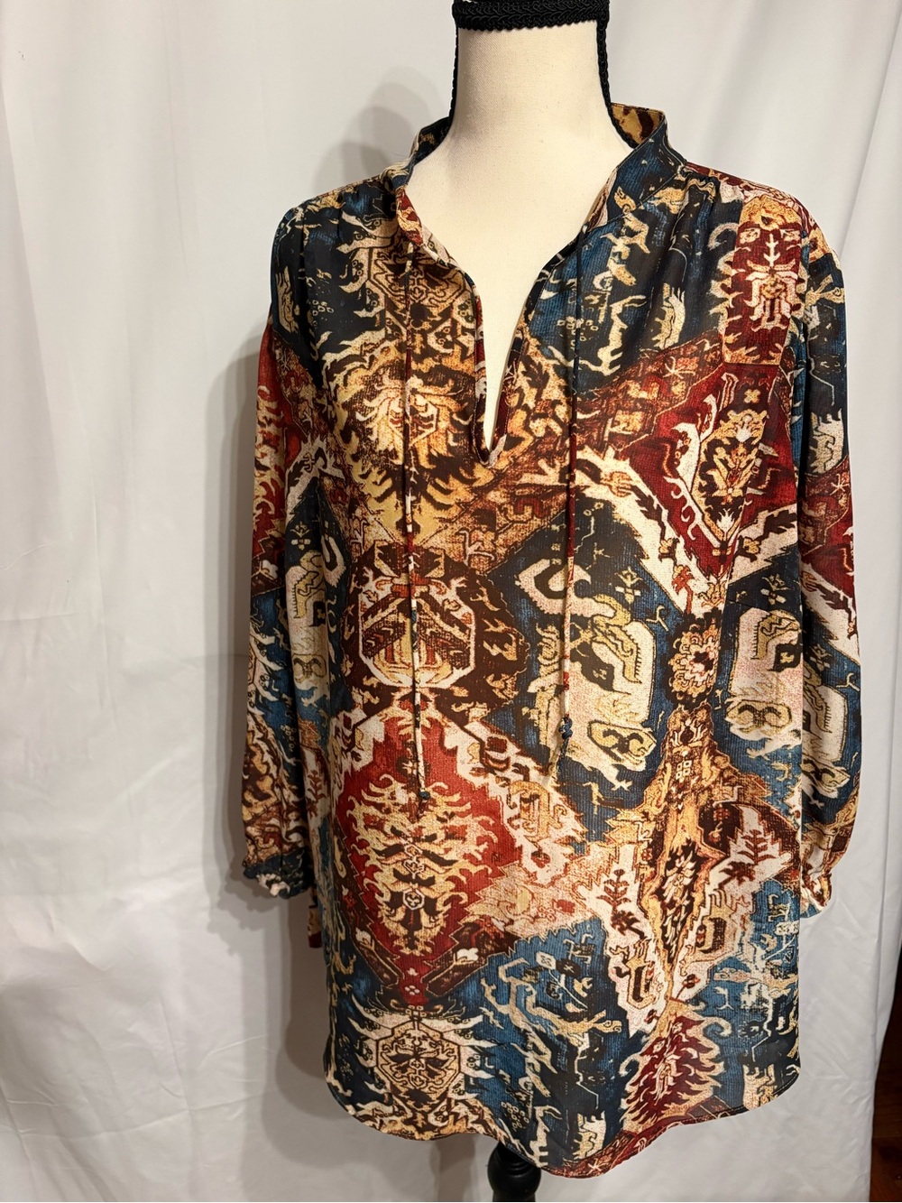 Chaps Denim Boxy Boho Print V-Neck Tunic in Multi-Color for fall. SZ 2X.